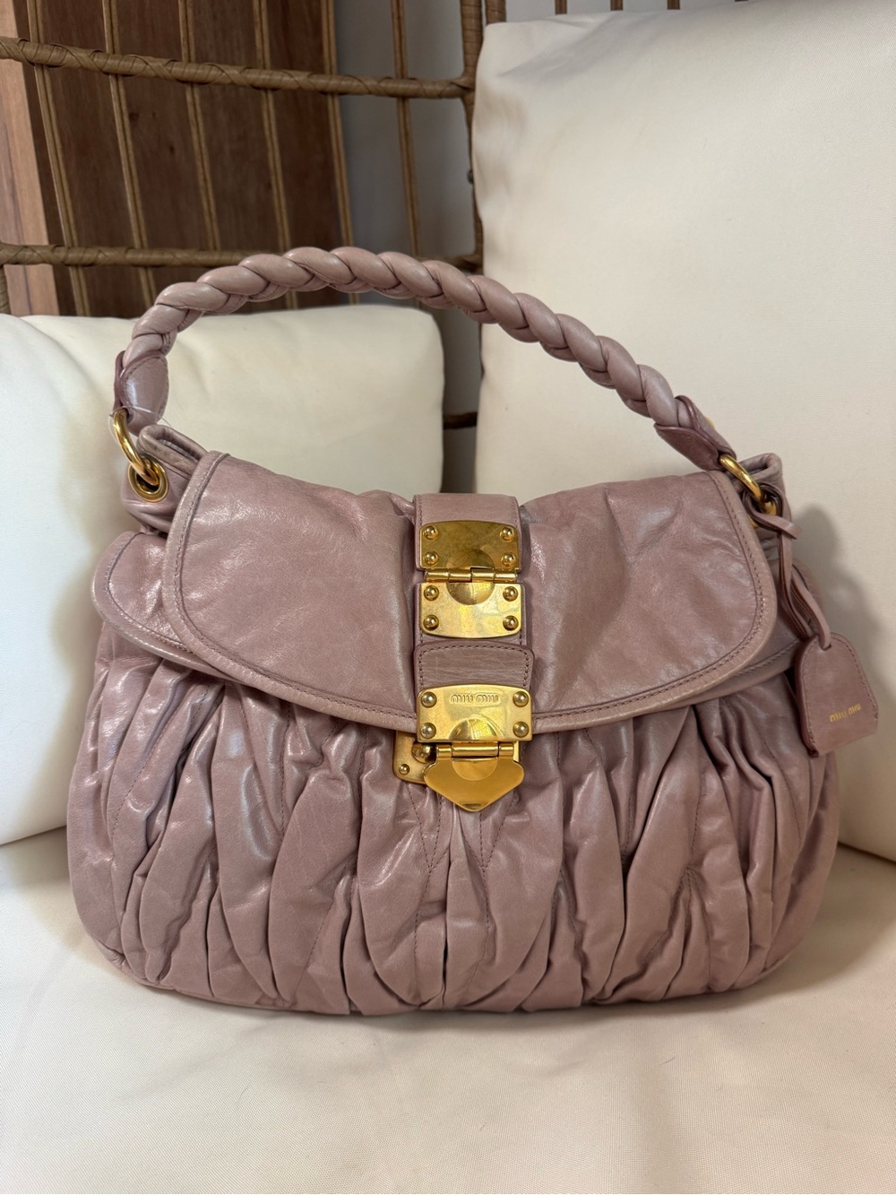 Miu Miu Neutral Pink Matelassé Coffer Hobo Bag w/ Strap - Picture 5 of 16